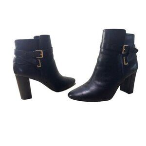 Ralph Lauren Leather Mackinley Ankle Boots Women 11B Black Block Heel Moto Biker